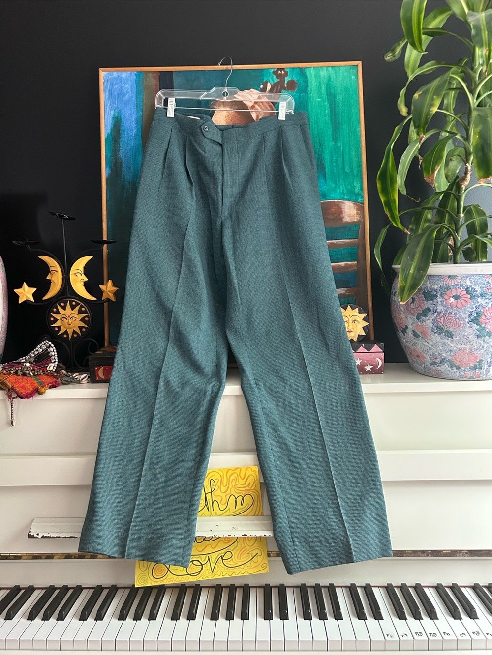 Mens Vintage Teal Dress Pants Waist 34 Straight Leg Pleated Tailored Slacks